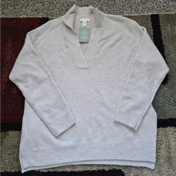 H&M Sweater Men Small Heathered Beige Hooded V-neck Knit Grunge New - Picture 2 of 2